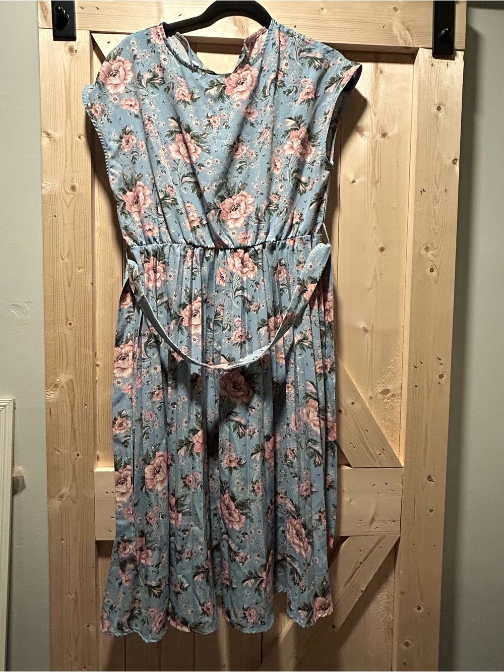 SHEIN Sky Blue Midi Dress with Pink Rose Print